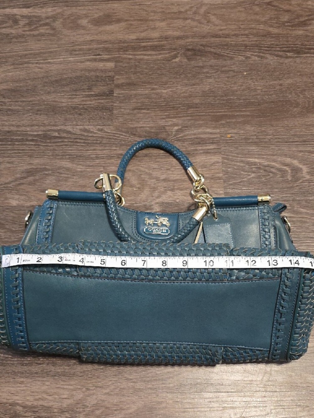 Coach Teal Woven Leather Tote with Gold Hardware - Picture 11 of 13